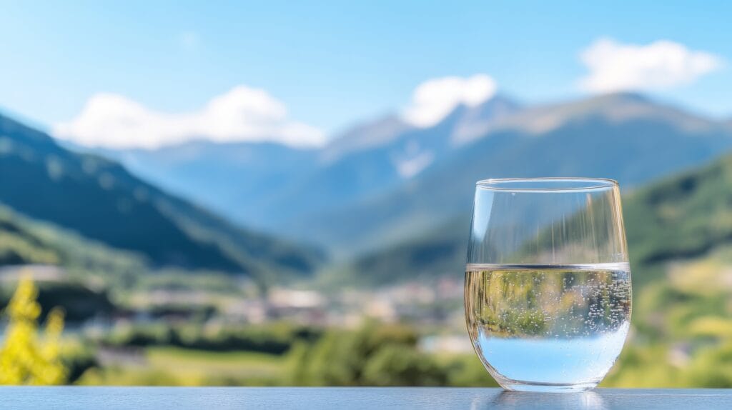 كوب ماء ومنظر طبيعي للجبال